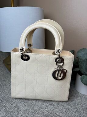 Dior Cream Patent Lady Dior Medium Tote